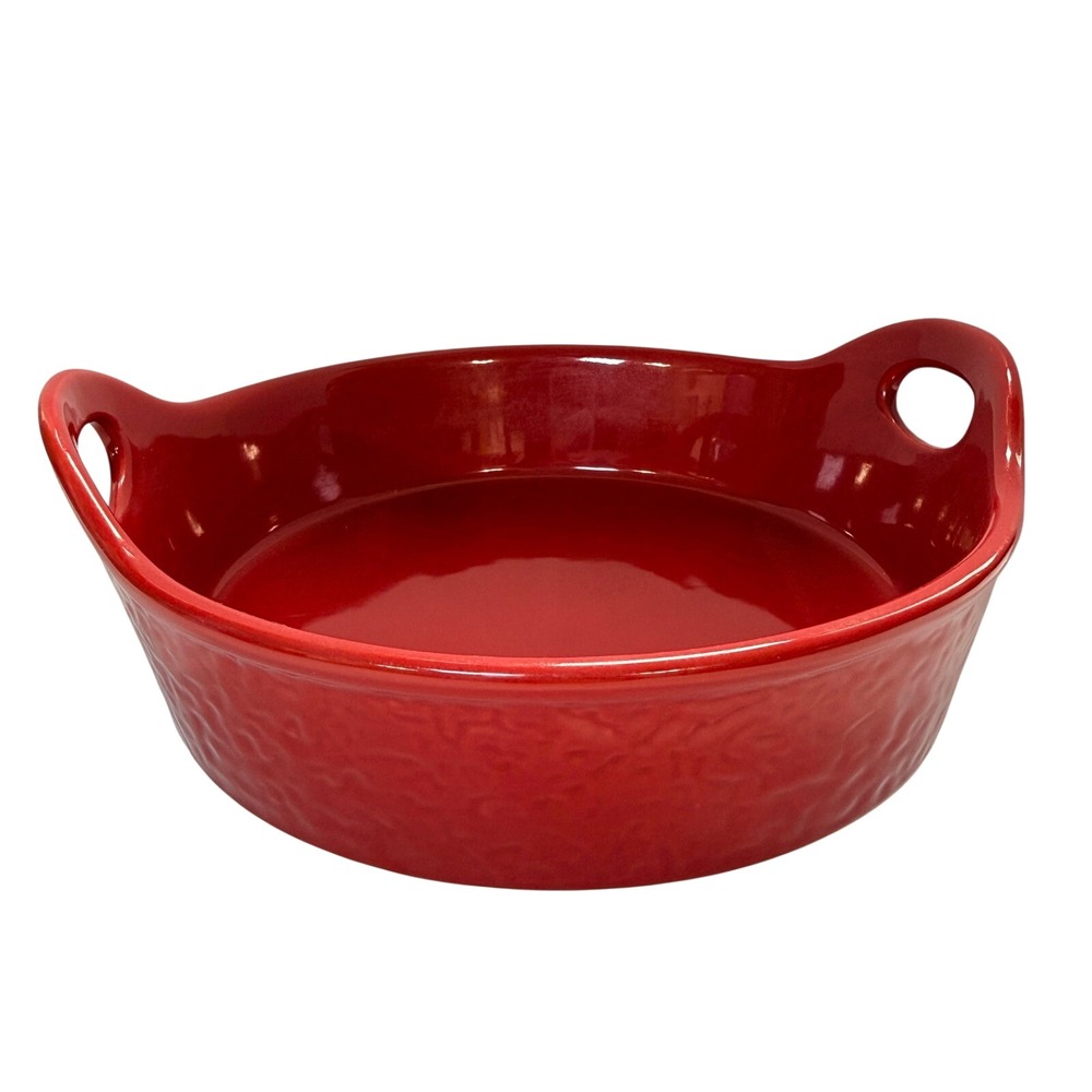 Red Ceramic Round Casserole‎ Dish Textured Stoneware Baker with Handles 9 Inch